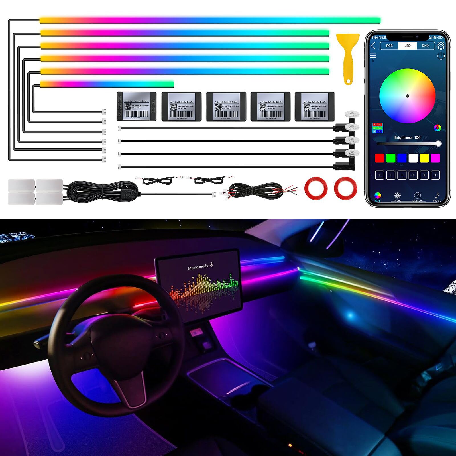 Acrylic Interior Car LED Strip Light with Wireless APP, RGB 14 in 1 with 175 inches 593 Neon Car Ambient Lighting Kits, Dynamic Chasing Music Sync LEDs Fiber Optic Strip Lights for Car Acrylic Interior Car LED Strip Light with Wireless APP, RGB 14 in 1 with 175 inches 593 Neon Car Ambient Lighting Kits, Dynamic Chasing Music Sync LEDs Fiber Optic Strip Lights for Car von TWETIZ