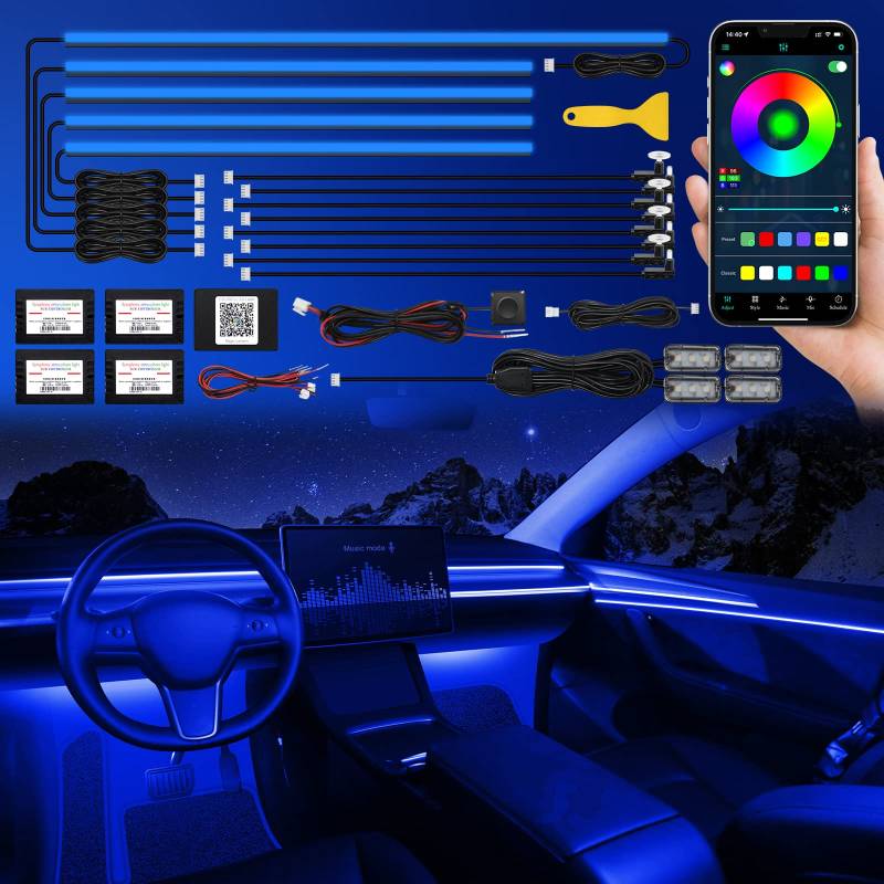 TWETIZ Acrylic Interior Car LED Strip Light with Wireless APP, RGB 18 in 1 with 175 inches 593 LEDs Fiber Optic Ambient Lighting Kits, 16 Million Colors Sound Active Function Car Neon Lights von TWETIZ