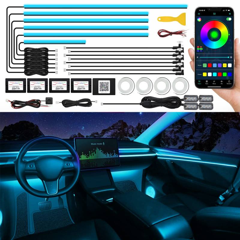 TWETIZ Acrylic Interior Car LED Strip Light with Wireless APP, RGB 22 in 1 with 175 inches 593 LEDs Fiber Optic Ambient Lighting Kits, 16 Million Colors Sound Active Function Car Neon Lights von TWETIZ