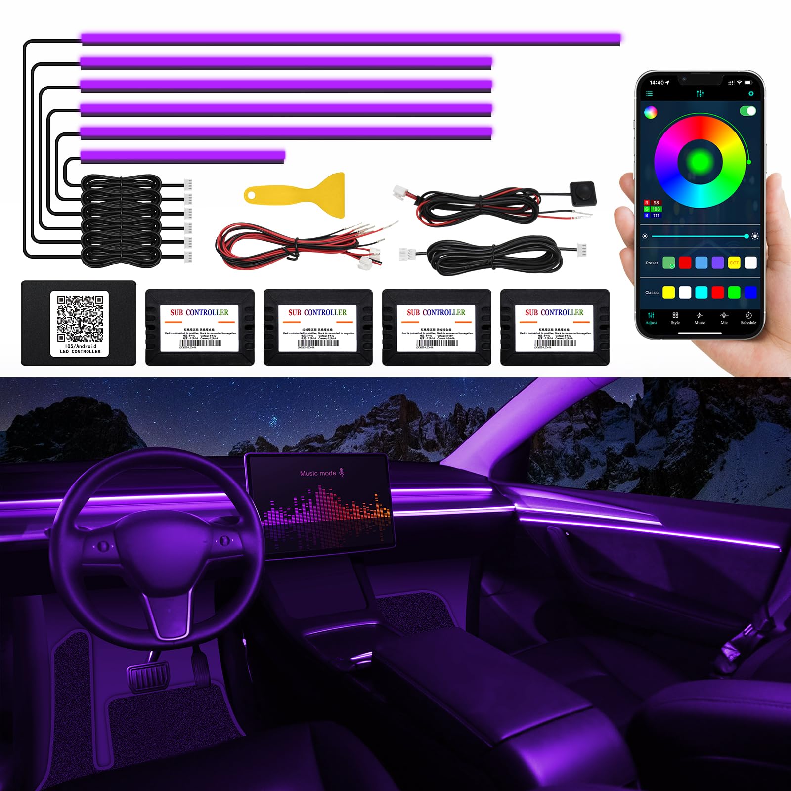 TWETIZ Acrylic Interior Car LED Strip Light with Wireless APP, RGB 6 in 1 with 175 inches 593 LEDs Fiber Optic Ambient Lighting Kits, 16 Million Colors Sound Active Function Car Neon Lights von TWETIZ