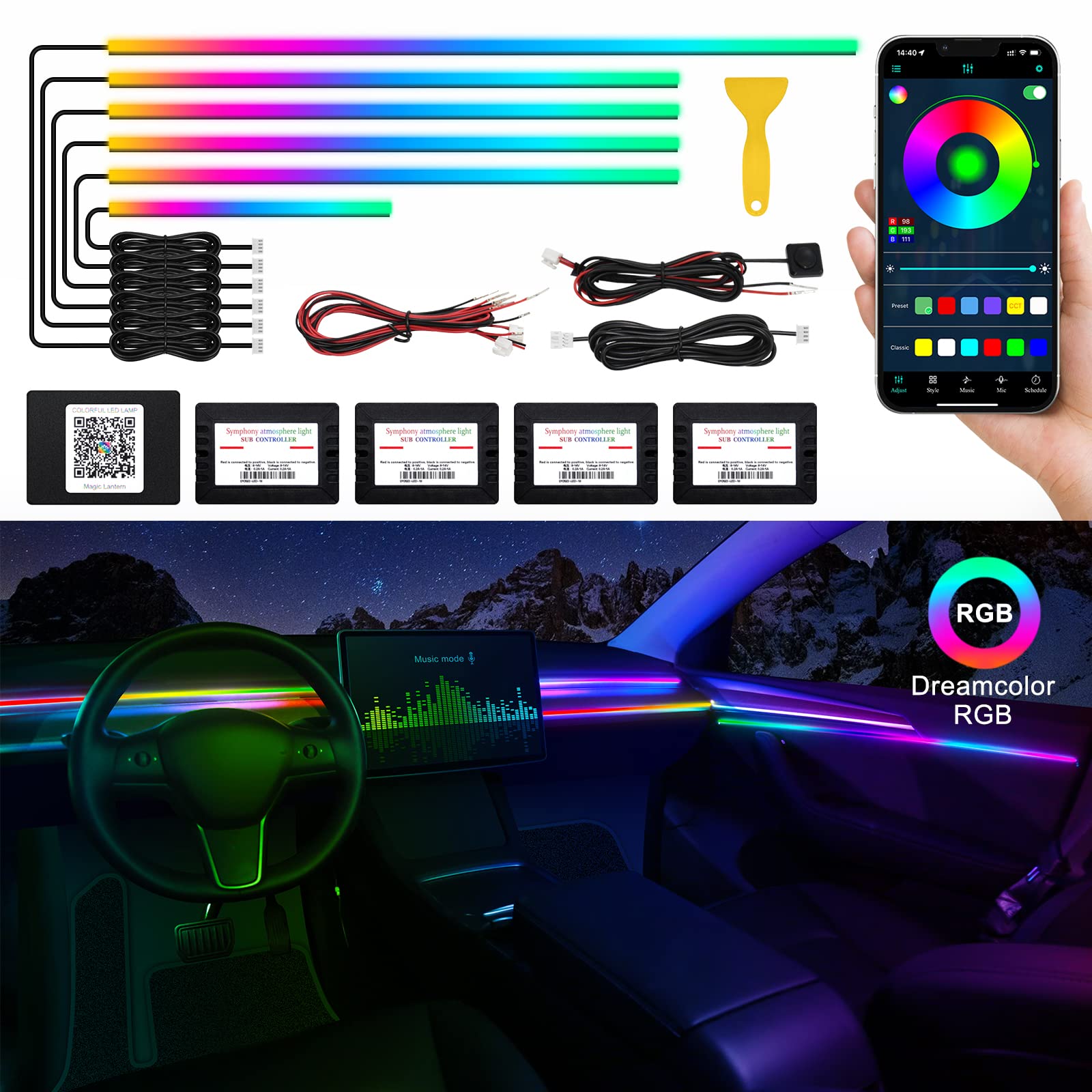 Acrylic Interior Car LED Strip Light with Wireless APP, RGB Dreamcolor 6 in 1 with 175 inches 593 LEDs Fiber Optic Ambient Lighting Kits, 16 Million Colors Sound Active Function Car Neon Lights von TWETIZ