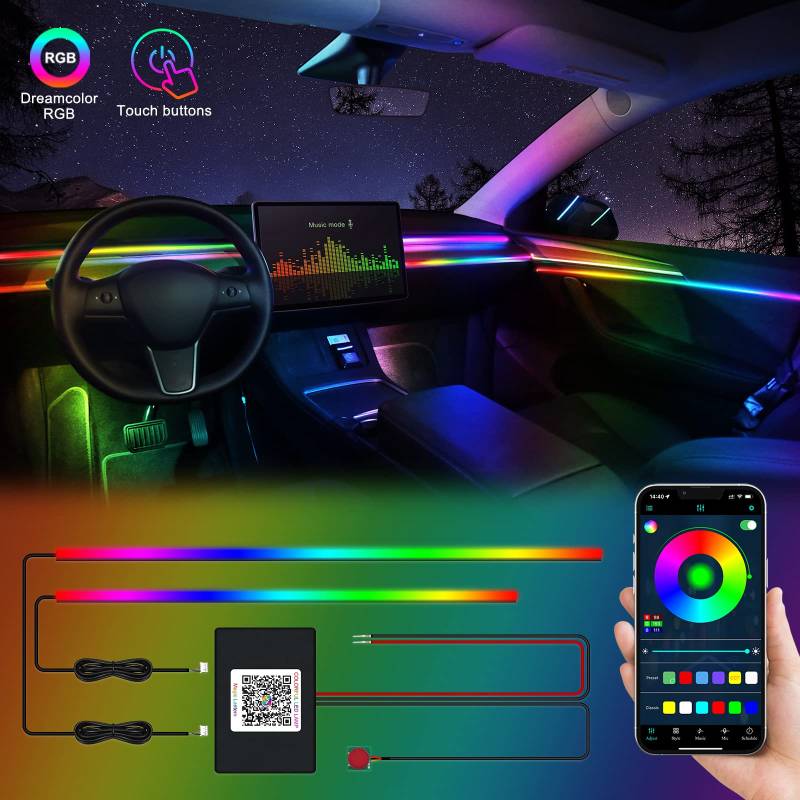 Acrylic Interior Car LED Strip Light with Wireless APP, RGBIC Dreamcolor 2 in 1 Ambient Lighting Kits, 16 Million Colors Sound Active Function Car Neon Lights, Sync to Music (dreamcolor 2 in 1) von TWETIZ