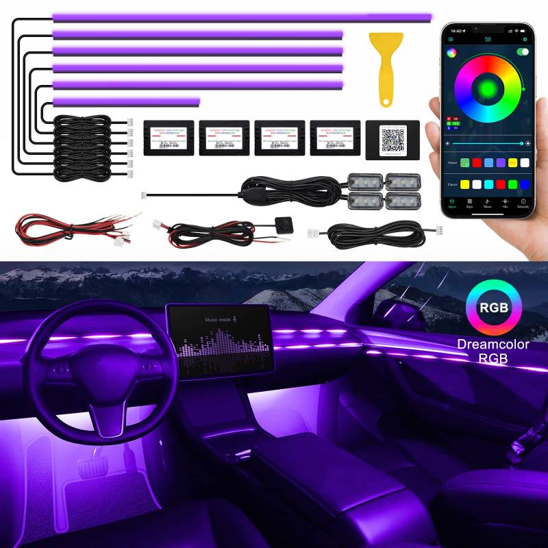 TWETIZ Acrylic Interior LED Strip Light for Car with Wireless APP, RGB 10 in 1 with 175 inches 593 LEDs Fiber Optic Ambient Lighting Kits, 16 Million Colors Sync to Music Function LED Strip for Car von TWETIZ