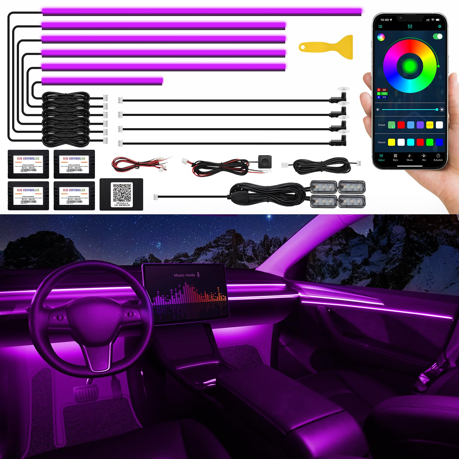 TWETIZ Acrylic Interior LED Strip Light for Car with Wireless APP, RGB 14 in 1 with 175 inches 593 LEDs Fiber Optic Ambient Lighting Kits, 16 Million Colors Sync to Music Function LED Strip for Car von TWETIZ