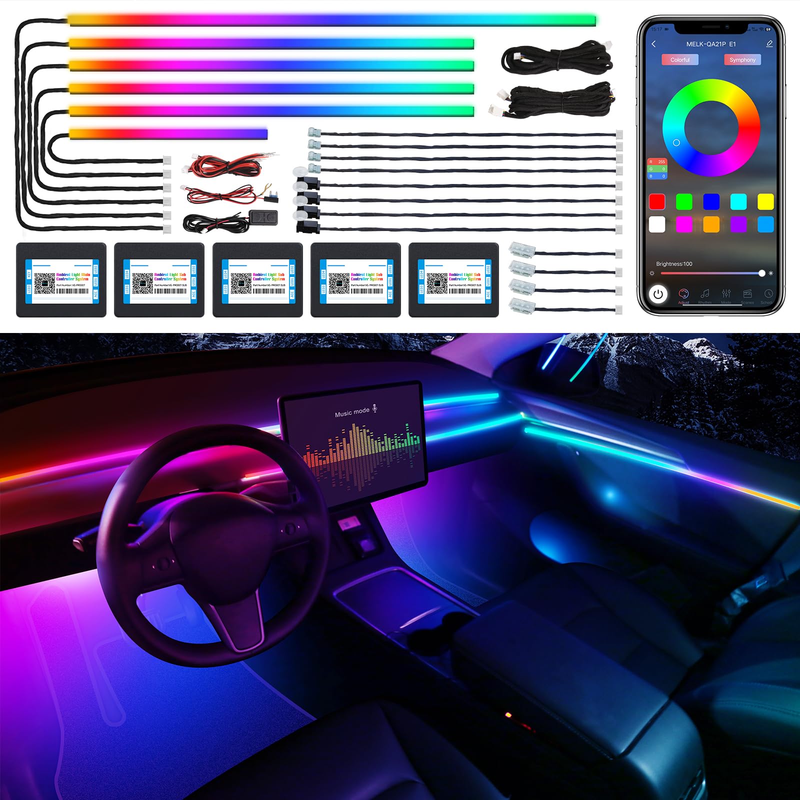 Dreamcolor Acrylic Interior Car LED Strip Light, RGB 18 in 1 with 175 inches 600 LEDs Ambient Lighting Kits, Dual Zone Sound Active LED Strip for Car von TWETIZ