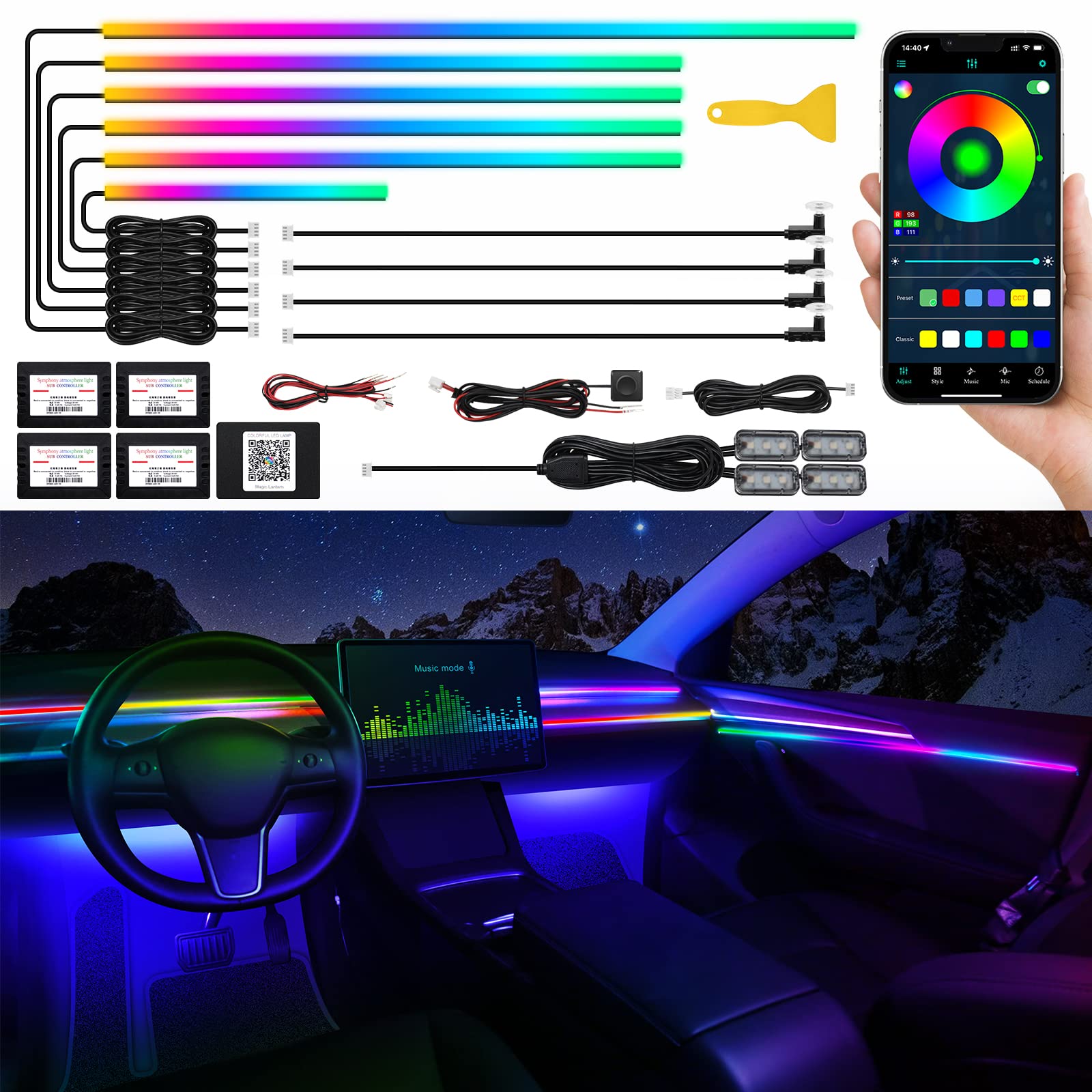 Dreamcolor Acrylic Interior Car LED Strip Light with Wireless APP, RGB 14 in 1 with 175 inches 593 LEDs Fiber Optic Ambient Lighting Kits, 16 Million Colors Sound Active Function Car Neon Lights von TWETIZ