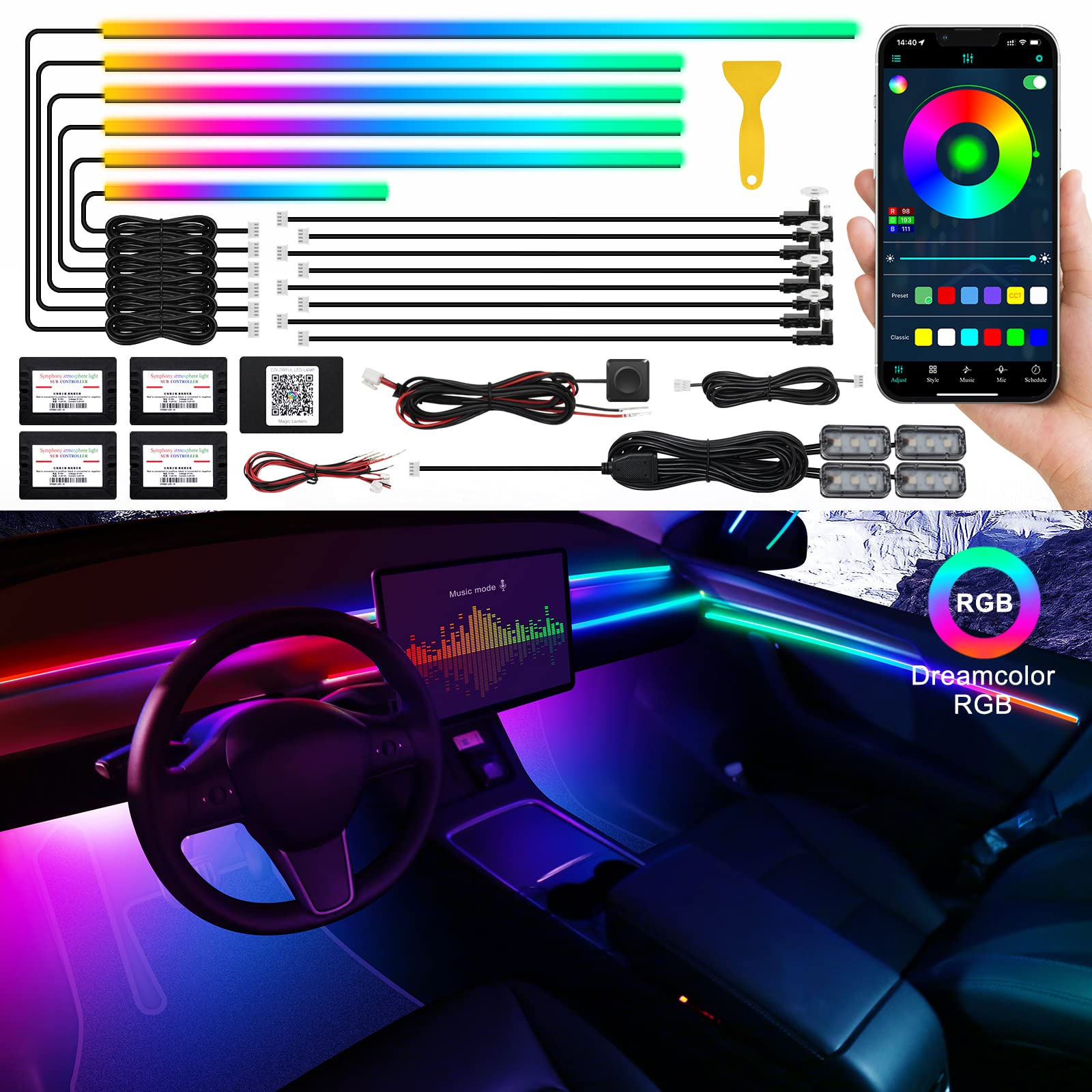 Dreamcolor Acrylic Interior Car LED Strip Light with Wireless APP, RGB 18 in 1 with 175 inches 593 LEDs Fiber Optic Ambient Lighting Kits, 16 Million Colors Sound Active Function Car Neon Lights von TWETIZ