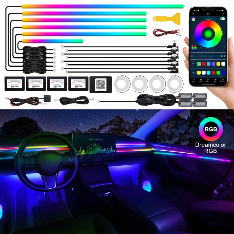 Dreamcolor Acrylic Interior Car LED Strip Light with Wireless APP, RGB 22 in 1 with 175 inches 593 LEDs Fiber Optic Ambient Lighting Kits, 16 Million Colors Sound Active Function Car Neon Lights von TWETIZ