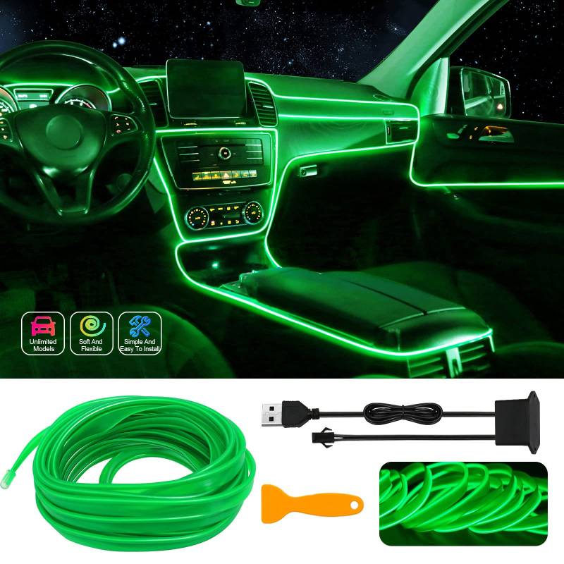 EL Wire Auto-LED-Innenstreifenlicht, USB-Neon-Draht-Lichter mit 6 mm Nähkante-197 Zoll glühender Elektrolumineszenz-(EL)-Draht, Umgebungsbeleuchtungs-Kit Autodekorationen Innenraum (5M/16.5FT, Grün) von TWETIZ