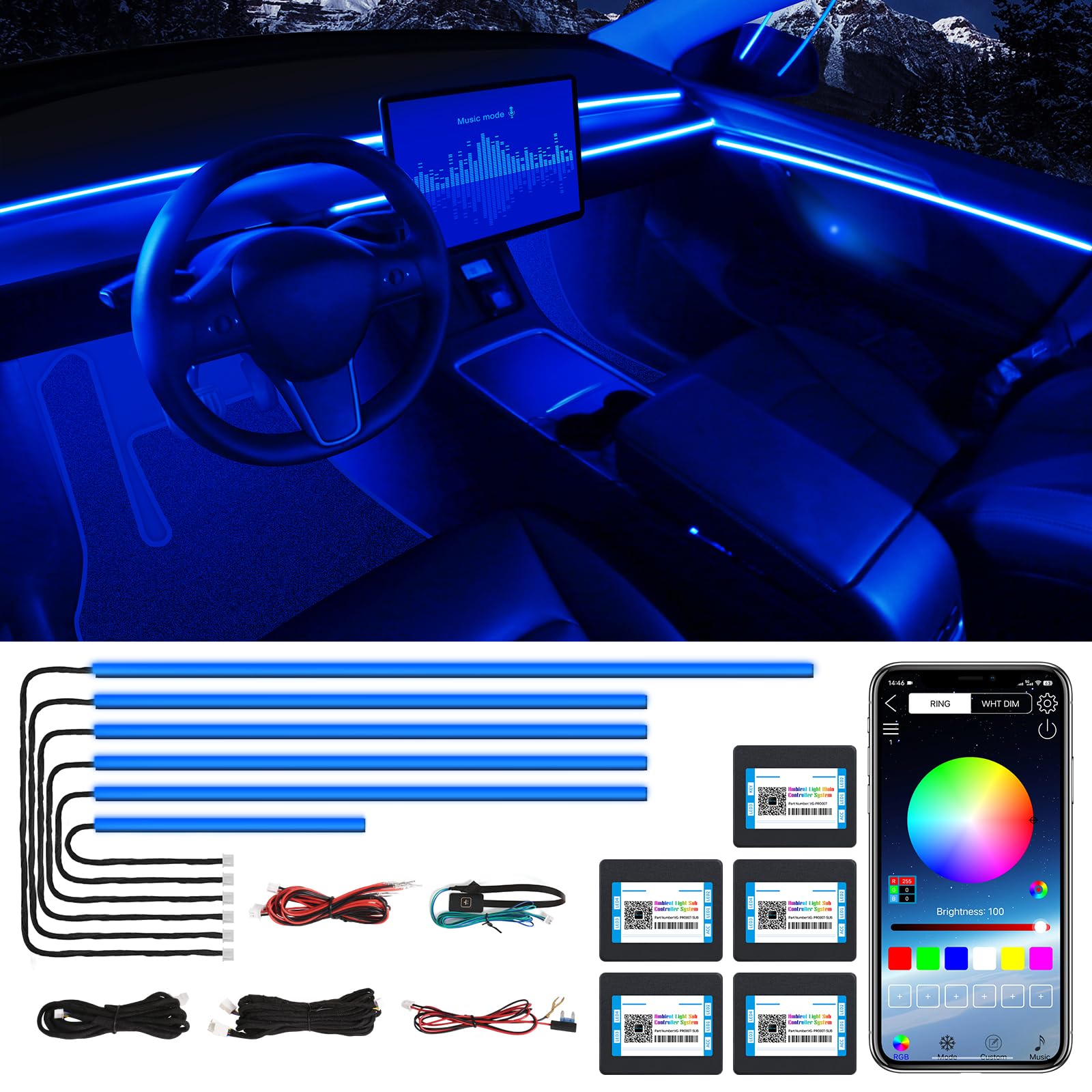 TWETIZ Acrylic Interior Car LED Strip Light, RGB 6 in 1 with 175 inches 600 LEDs Car Ambient Lighting Kits, 16 Million Colors Sound Active LED Strip for Car von TWETIZ