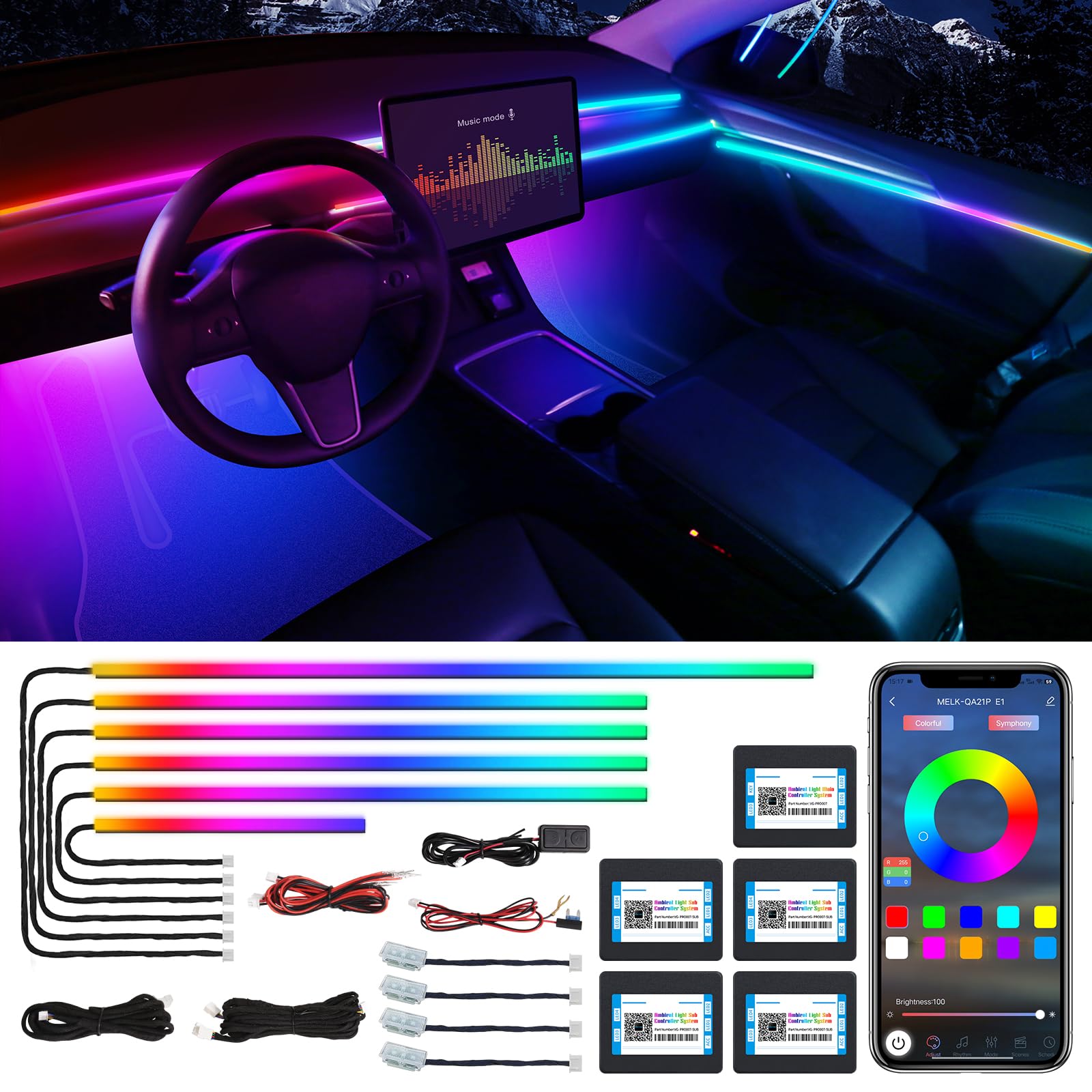 TWETIZ Acrylic Interior Car LED Strip Light with APP, Dreamcolor RGB 10 in 1 with 175 inches 600 LEDs Car Ambient Lighting Kits, Dual Zone LED Strip for Car von TWETIZ