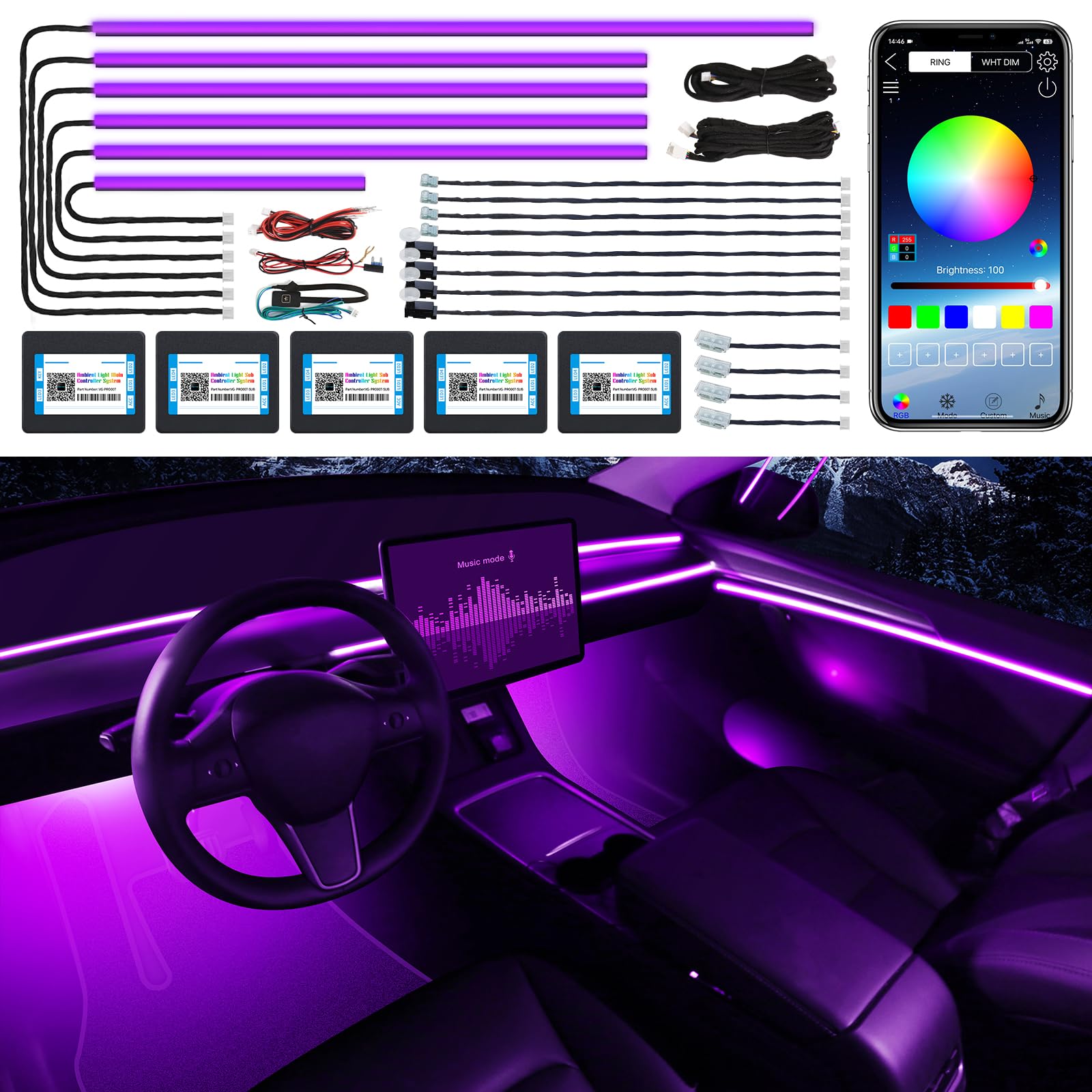 TWETIZ Acrylic Interior Car LED Strip Light with APP, RGB 18 in 1 with 175 inches 600 LEDs Car Ambient Lighting Kits, Sound Active Function LED Strip for Car von TWETIZ