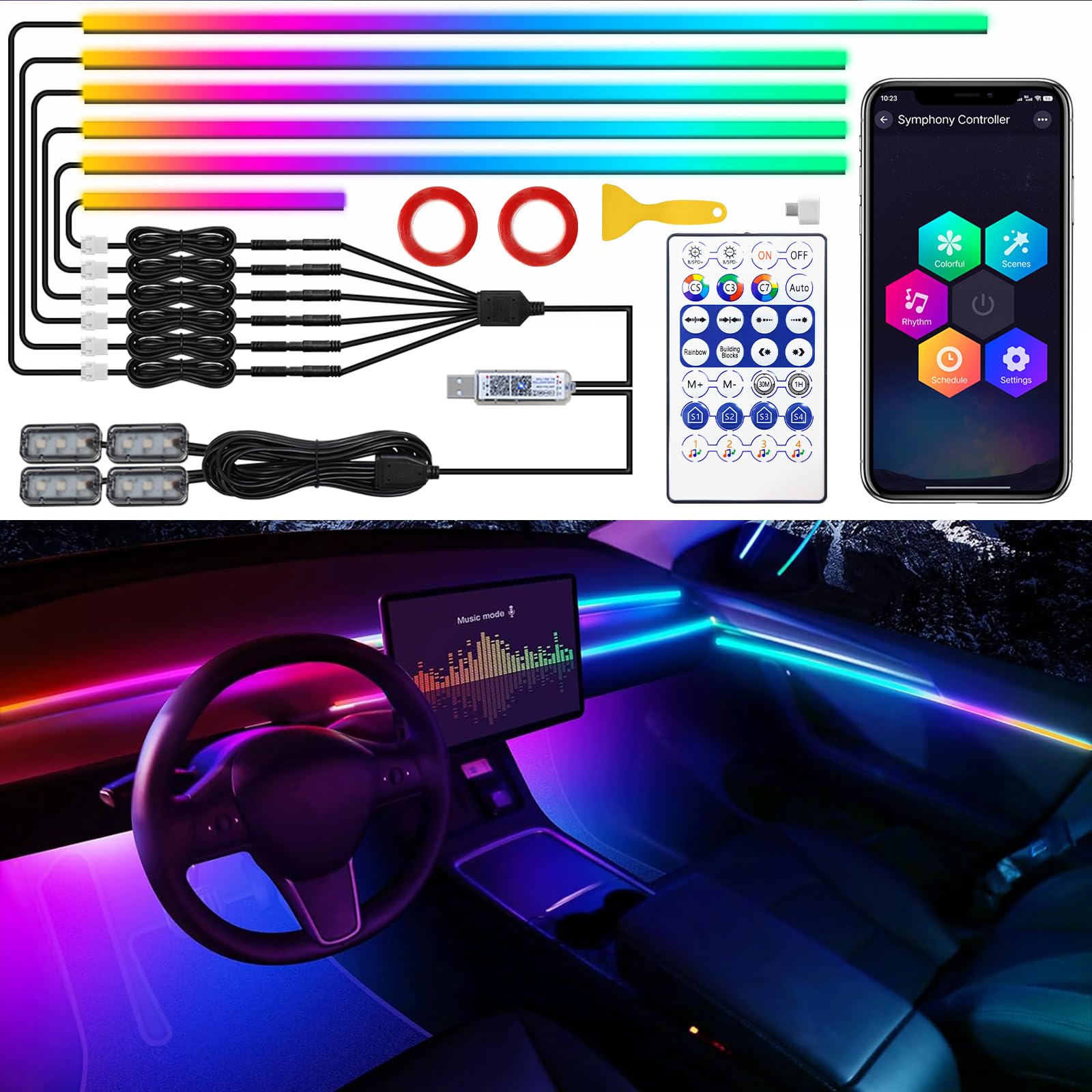 Tesla Model 3/Y/S/X Dreamcolor Acrylic Interior Car LED Strip Light with USB/Type C, 10 in 1 with 187 inches 650 LEDs Tesla Ambient Lighting Kits, Sound Active Function Neon Tesla Accessories von TWETIZ