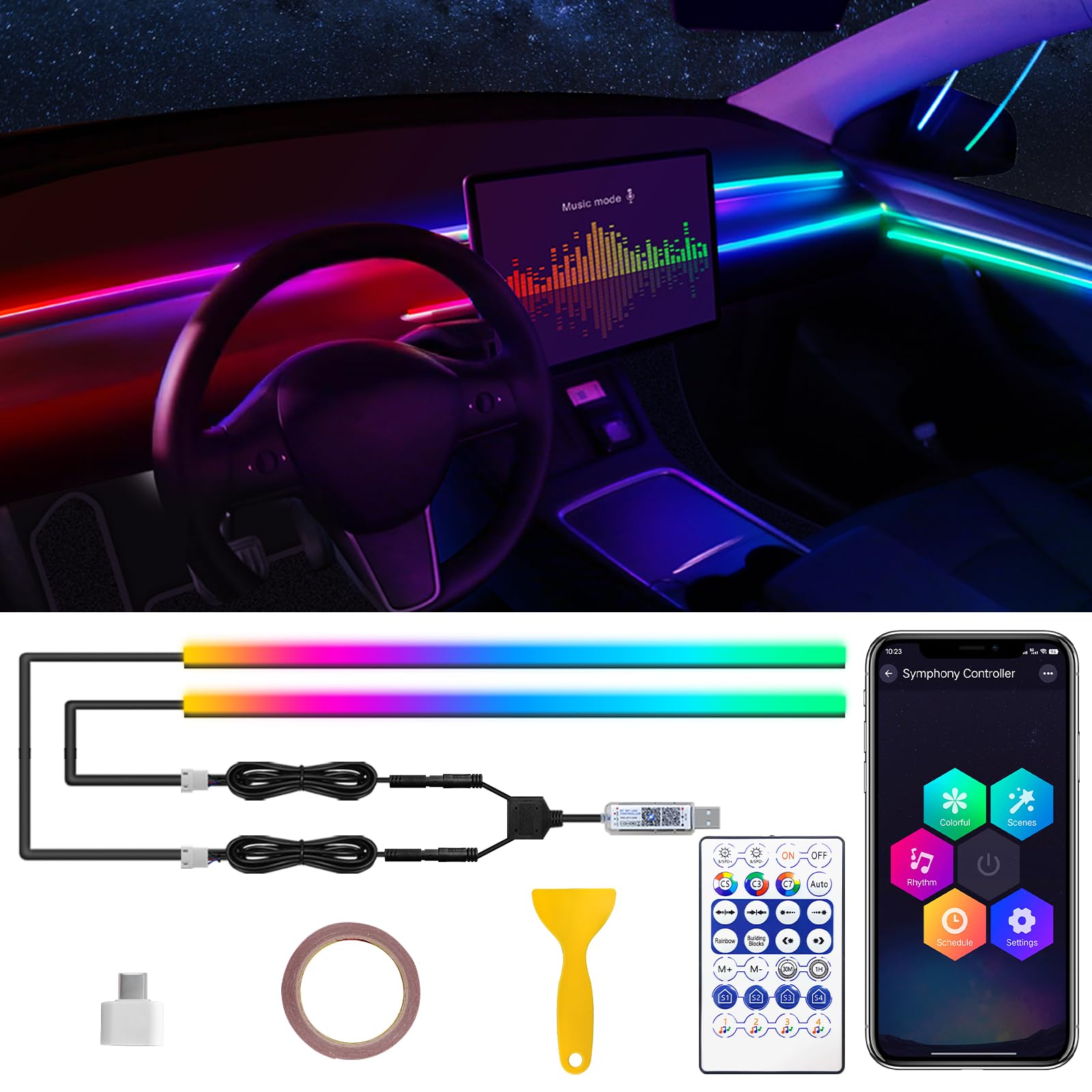 Tesla Model 3/Y/S/X Dreamcolor Acrylic Interior Car LED Strip Light with USB/Type C, RGB 2 in 1 with 110.2 inches LED Strip for Tesla, Dynamic Chasing Music Sync Neon Tesla Ambient Lighting Kits von TWETIZ