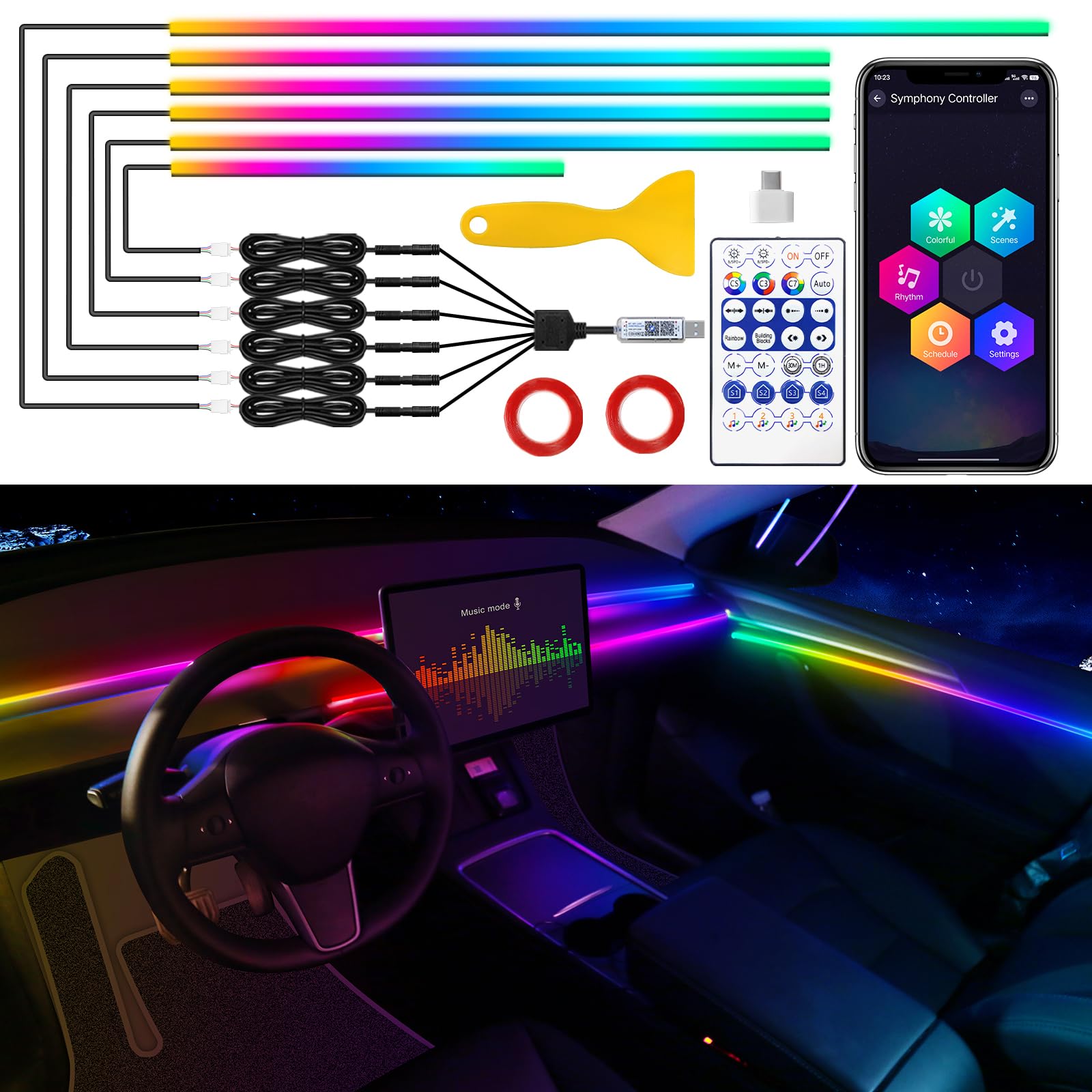 Tesla Model 3/Y/S/X Dreamcolor Acrylic Interior Car LED Strip Light with USB/Type C, RGB 6 in 1 with 187 inches 650 LEDs Strip for Tesla, Dynamic Chasing Music Sync Neon Tesla Ambient Lighting Kits von TWETIZ
