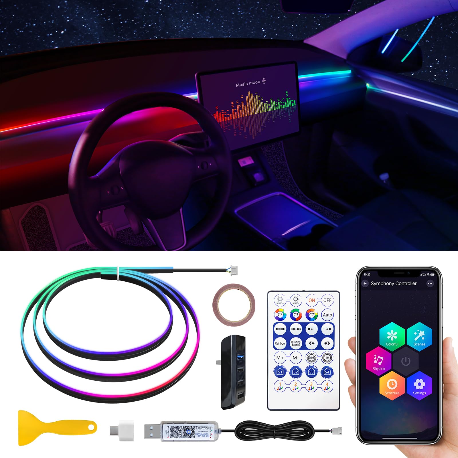 Tesla Model 3/Y Dreamcolor Acrylic Interior Car LED Strip Light with USB Hub, 55.1 inches Fiber Optic Tesla Ambient Lighting Kits, RGB+IC Colors Sound Active Function Neon LED Strip for 2021 2022 2023 von TWETIZ