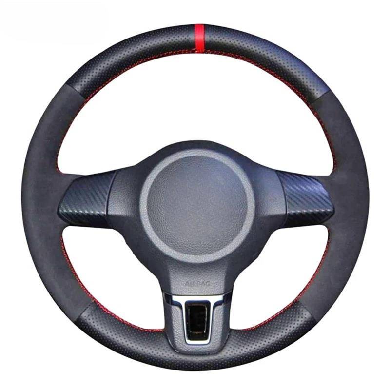 Lenkrad überzug Für VW Für Golf 6 Mk6 Für Polo Für Jetta MK5 Für Sagitar Für Bora Für Santana DIY Schwarz Echtes Leder Wildleder Auto Lenkrad Abdeckung Lenkradschutz Abdeckung(Red Thread) von TWMEU