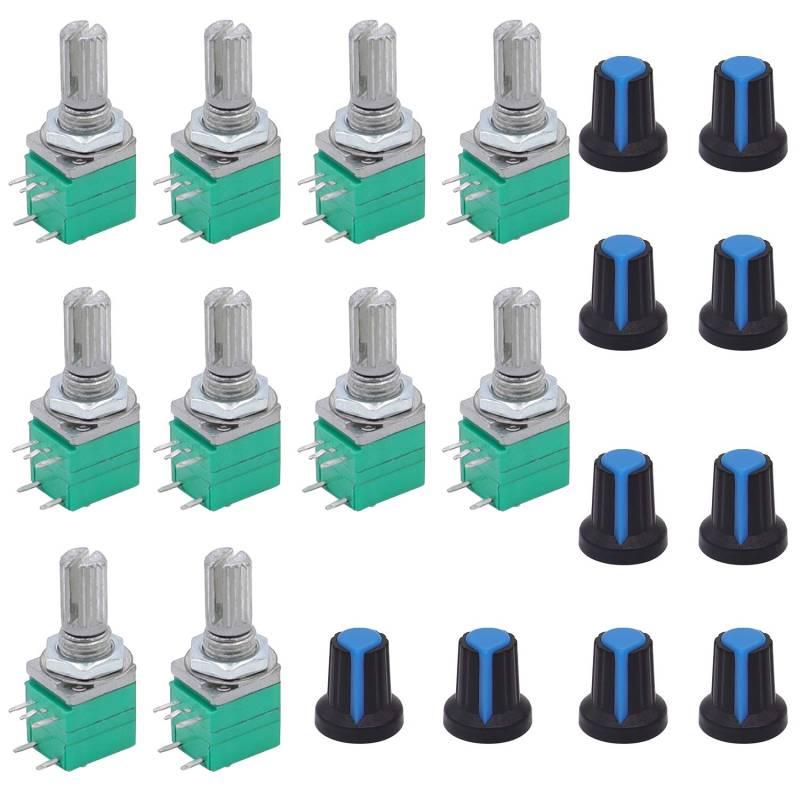 TWTADE 10 Stück einzelner linearer Drehdichtungsverstärker Potentiometer, Typ mit Schalter, 5 kOhm, gerändelter Schaft, 5-polig, RK097N-5-10K von TWTADE