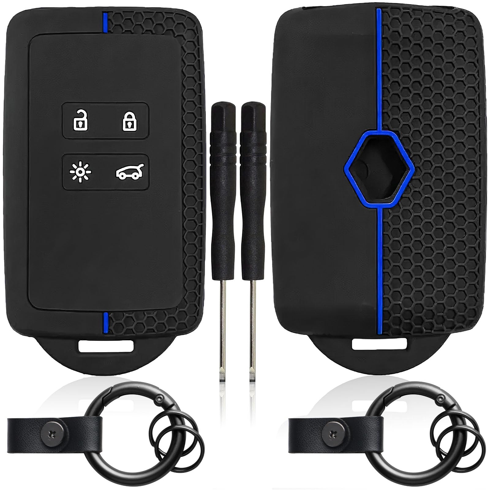 2 STK Autoschlüssel Hülle kompatibel mit Renault 4-Tasten Smartkey Autoschlüssel(nur Keyless Go) mit 2 Schlüsselanhänger Silikon Schlüsselhülle für Clio/Espace 5/Master Bus/Talisman(Blaue Linie) von TXErfolg