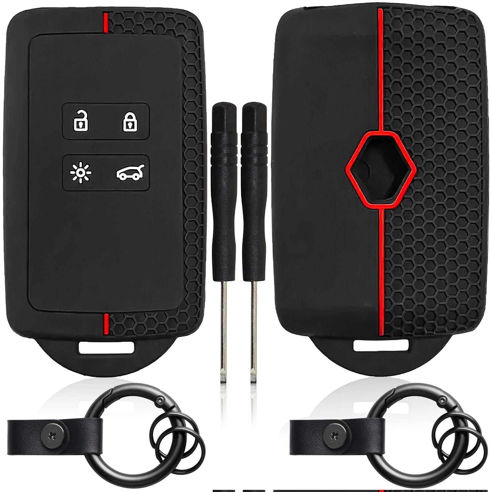 2 STK Autoschlüssel Hülle kompatibel mit Renault 4-Tasten Smartkey Autoschlüssel(nur Keyless Go) mit 2 Schlüsselanhänger Silikon Schlüsselhülle für Clio/Espace 5/Master Bus/Talisman(Rote Linie) von TXErfolg