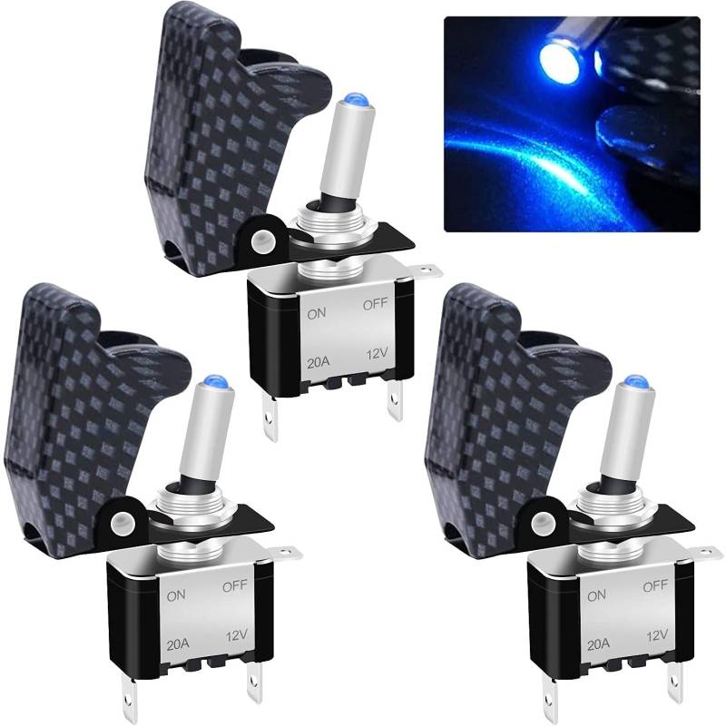 Taiss/3 Stück Kippschalter 12V 20A Blaue LED SPST EIN/AUS Wippschalter 3Pin beleuchtet mit anthrazitgrauer wasserdichter Sicherheitsabdeckung ASW-07DBUGY+MZ von Taiss