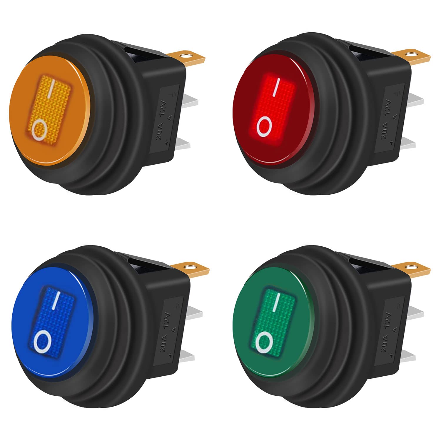 Taiss/4 Stücke kippschalter 12v wasserdicht rundes Wippschalter 20A 4 Farben LED-Licht 3 Pins EIN/AUS, Für Autos und Boote KCD1-8-101NW-4C von Taiss