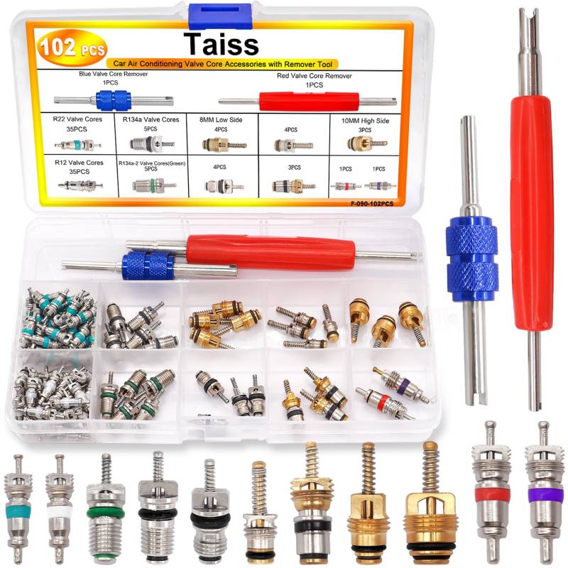 Taiss 102 stücke Ventilausdreher Autoventil demontagewerkzeug Set, Klassifizierungs Set für R12/R134a, reifenventilkern Reparatur Set. von Taiss