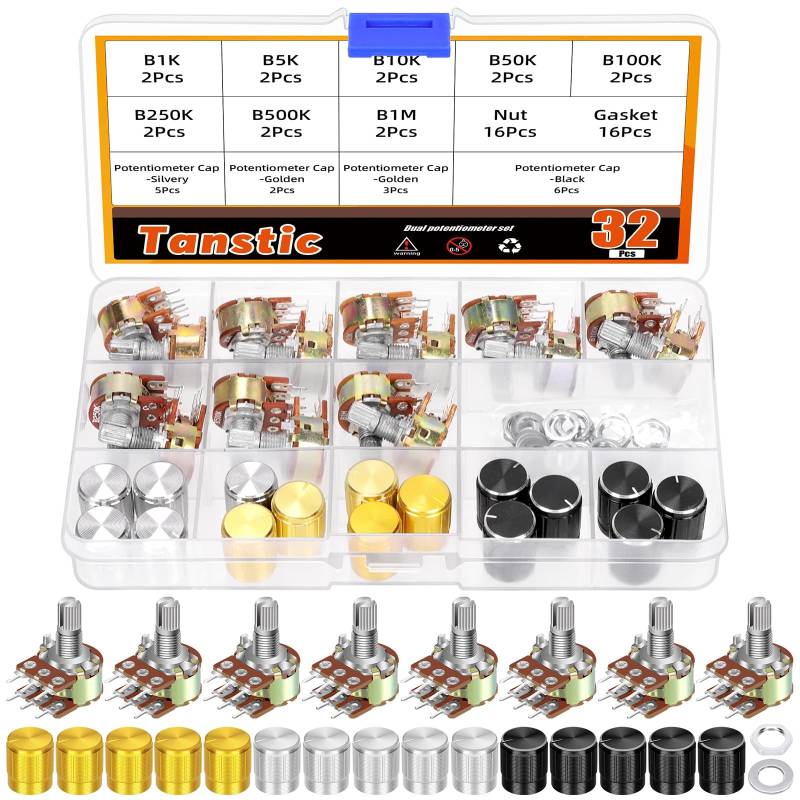 Tanstic 16 Sets B1K-B1M Potentiometer Linear Taper Rotary Potentiometer Typ B mit Knöpfen, Muttern und Unterlegscheiben von Tanstic