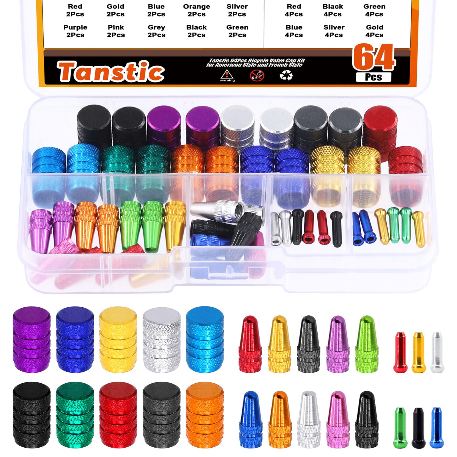 Tanstic 64Pcs Bike Tire Valve Stem Caps with Cable End Caps Kit, 10 Colors French Style & American Style Aluminum Tire Valve Caps Dust Covers, 6 Colors Alloy Cable End Crimps for Bicycle Motorcycle von Tanstic