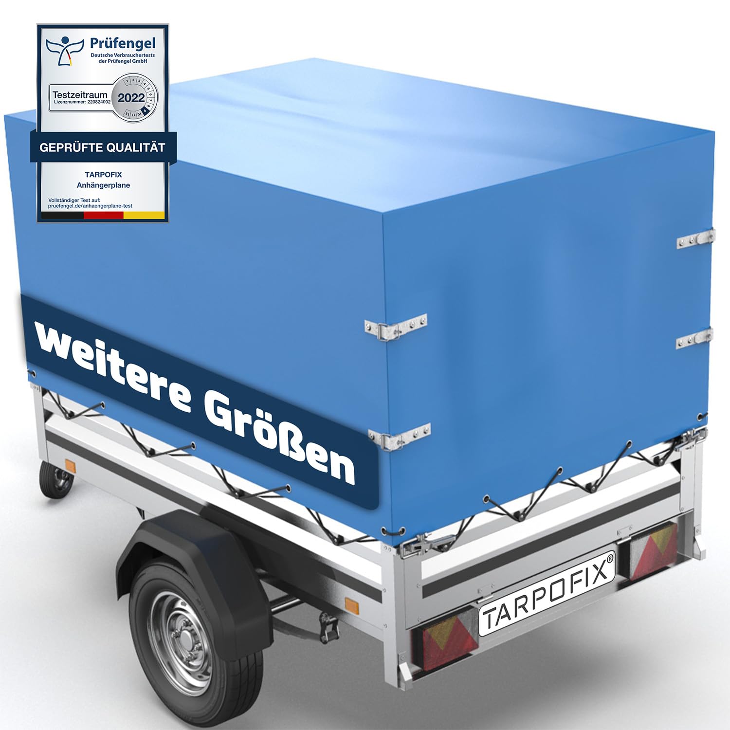 Tarpofix® Anhänger Plane 209x114x65 cm inkl. Planenseil | Anhängerplane Hochplane aus PVC PLANENMATERIAL | Verstärkte Stema Anhänger Plane für 750kg PKW Hänger | Abdeckplane Anhänger Abdeckung | Blau von Tarpofix