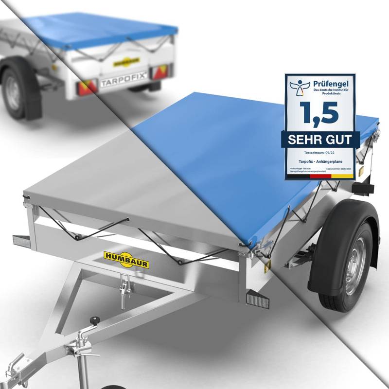 Tarpofix® Anhänger Plane 211 x 116 cm inkl. Planenseil | Anhängerplane Flachplane aus PVC PLANENMATERIAL | Verstärkte Humbaur Anhänger Plane für 750kg PKW Hänger | Abdeckplane Anhänger Abdeckung Blau von Tarpofix