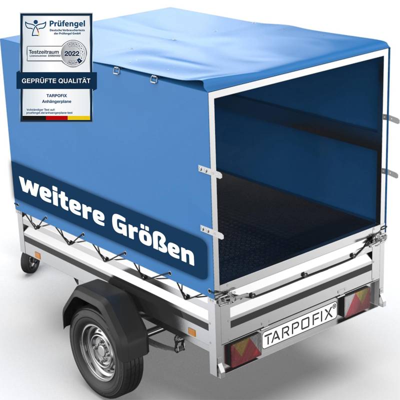 Tarpofix® Anhänger Plane 212x123x90 cm inkl Planenseil | Anhängerplane Hochplane aus PVC PLANENMATERIAL | Verstärkte Brenderup Anhänger Plane für 750kg PKW Hänger | Abdeckplane Anhänger Abdeckung Blau von Tarpofix