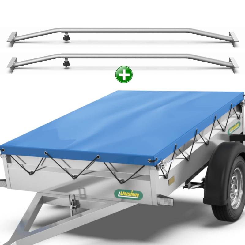 Tarpofix® Anhänger Plane 217 x 117 cm + 2x Planenbügel | Anhängerplane Flachplane aus PVC PLANENMATERIAL | Verstärkte Unsinn Anhänger Plane für 750kg PKW Hänger | Abdeckplane + Flachplanenbügel | Blau von Tarpofix