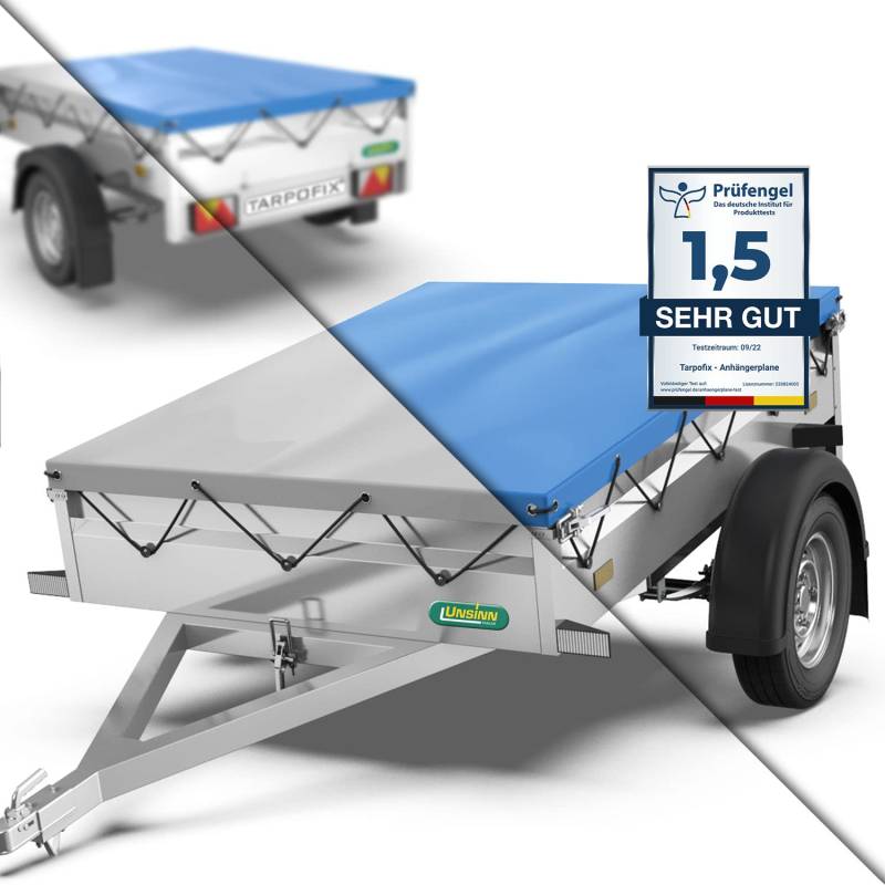 Tarpofix® Anhänger Plane 217x117 cm inkl. Planenseil | Anhängerplane Flachplane aus PVC PLANENMATERIAL | Verstärkte Unsinn Anhänger Plane für 750kg PKW Hänger | Abdeckplane Anhänger Abdeckung | Blau von Tarpofix