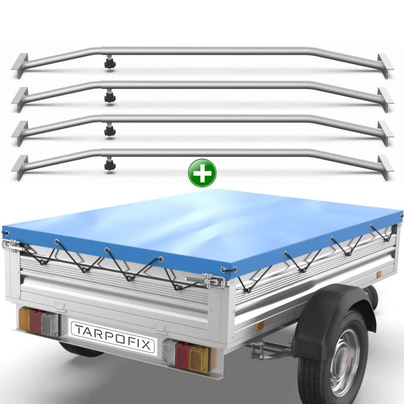 Tarpofix® Anhänger Plane 2575x1345 mm + 4x Planenbügel | Anhängerplane Flachplane aus PVC PLANENMATERIAL | Verstärkte Stema Anhänger Plane für 1300kg PKW Hänger | Abdeckplane + Flachplanenbügel von Tarpofix
