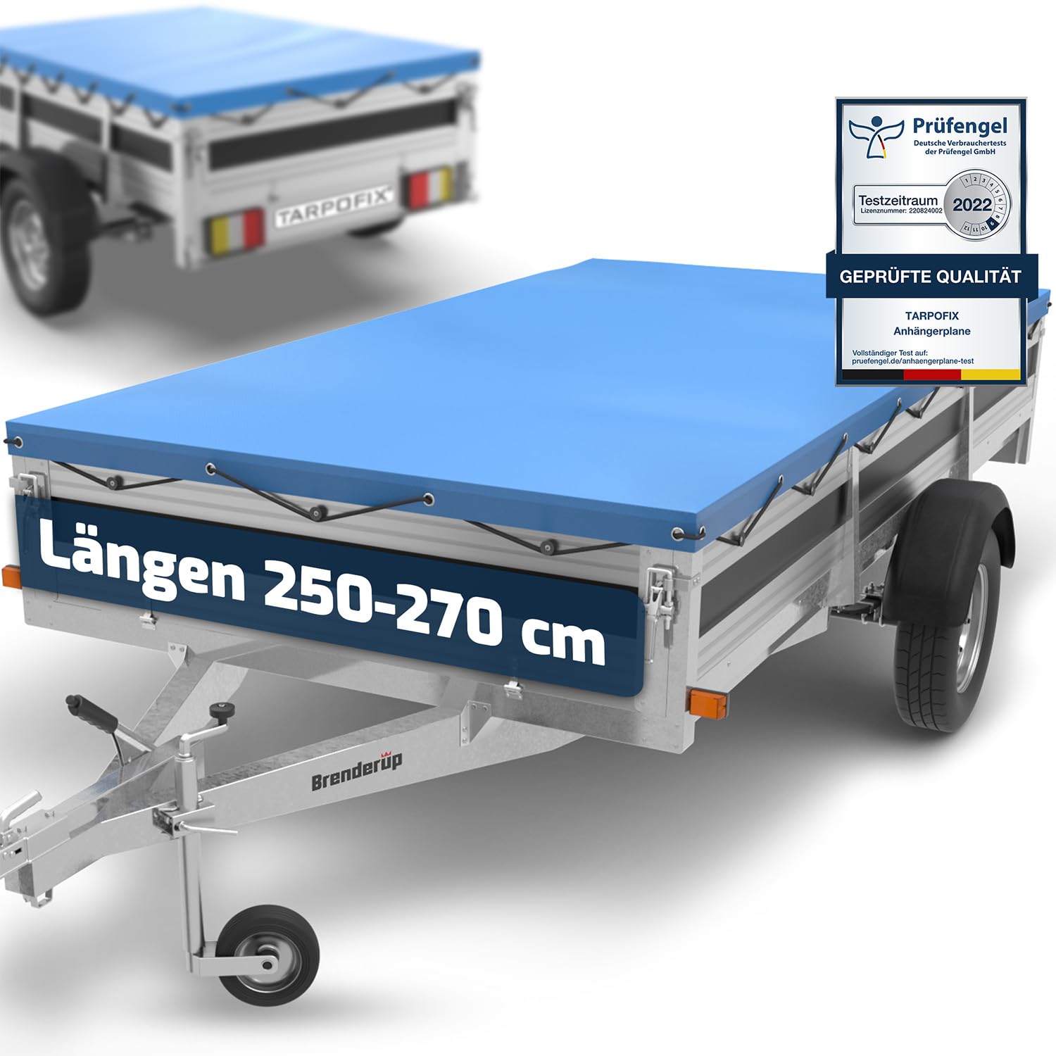 Tarpofix® Anhänger Plane 264 x 135 cm inkl. Planenseil | Anhängerplane Flachplane aus PVC PLANENMATERIAL | Verstärkte Brenderup Anhänger Plane für PKW Hänger | Abdeckplane Anhänger Abdeckung | Blau von Tarpofix