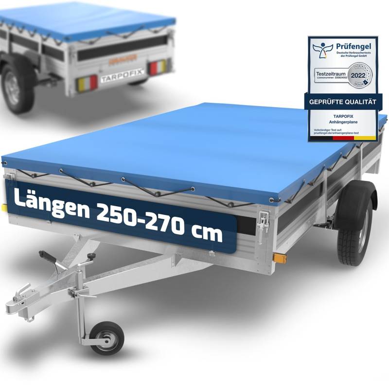Tarpofix® Anhänger Plane 266 x 160 cm inkl. Planenseil | Anhängerplane Flachplane aus PVC PLANENMATERIAL | Verstärkte Eduard 2615 Anhänger Plane für PKW Hänger | Abdeckplane Anhänger Abdeckung | Blau von Tarpofix