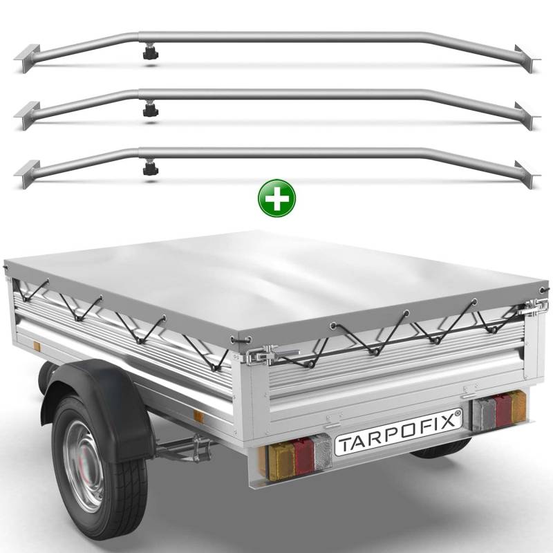 Tarpofix® Anhängerplane 207x114 cm + 3X Planenbügel | Anhänger Plane Flachplane aus PVC PLANENMATERIAL | Verstärkte Stema Anhänger Plane für 750kg PKW Hänger | Abdeckplane + Flachplanenbügel | Grau von Tarpofix