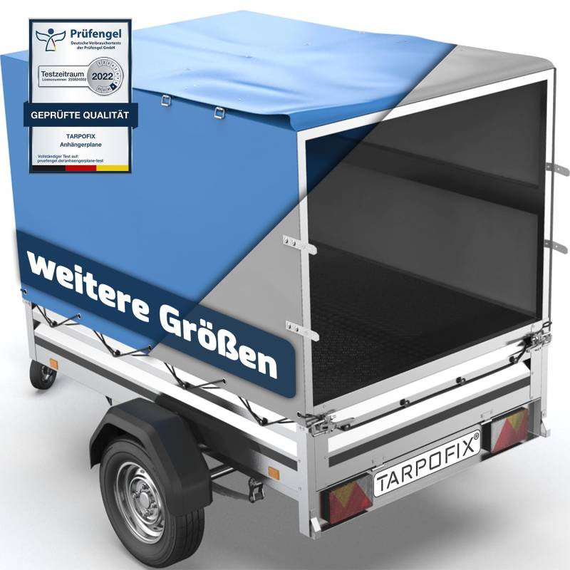 Tarpofix® Anhängerplane 208x114x90 cm inkl. Planenseil | Anhänger Plane Hochplane aus PVC PLANENMATERIAL | Verstärkte Stema Hänger Abdeckplane für 750kg PKW Autoanhänger | Abdeckung Grau von Tarpofix