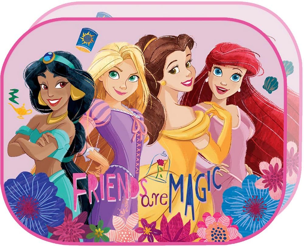 Disney 1 Paar Sonnenblenden für Auto, Prinzessinnen, 44 x 35 cm, Motiv: Jasmine Rapunzel Belle Ariel auf rosa Hintergrund von TataWay in viaggio si cresce