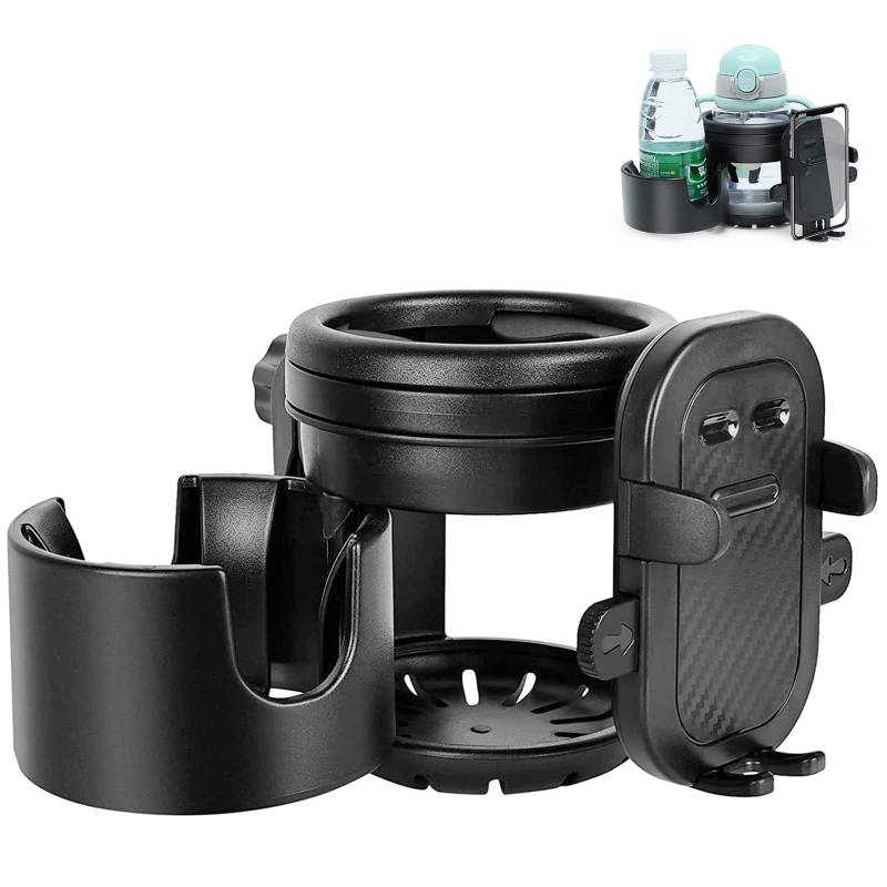 Universeller Kinderwagen Buggy Getränkehalter mit Telefonaufbewahrungsbox,3 in 1 Kinderwagen-Aufbewahrungsregal,um 360° drehbarer Getränkehalter für Trinkflaschen Nuckelflaschen Kaffeehalter von Tawveml