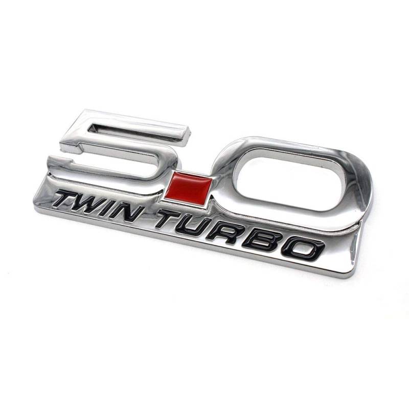 1 Stücke Auto Metall Abzeichen Emblem 3D Twin Turbo 5.0 Kofferraum Auto Logo Aufkleber Aufkleber Für Die Meisten Autos (Silber) von Tcare