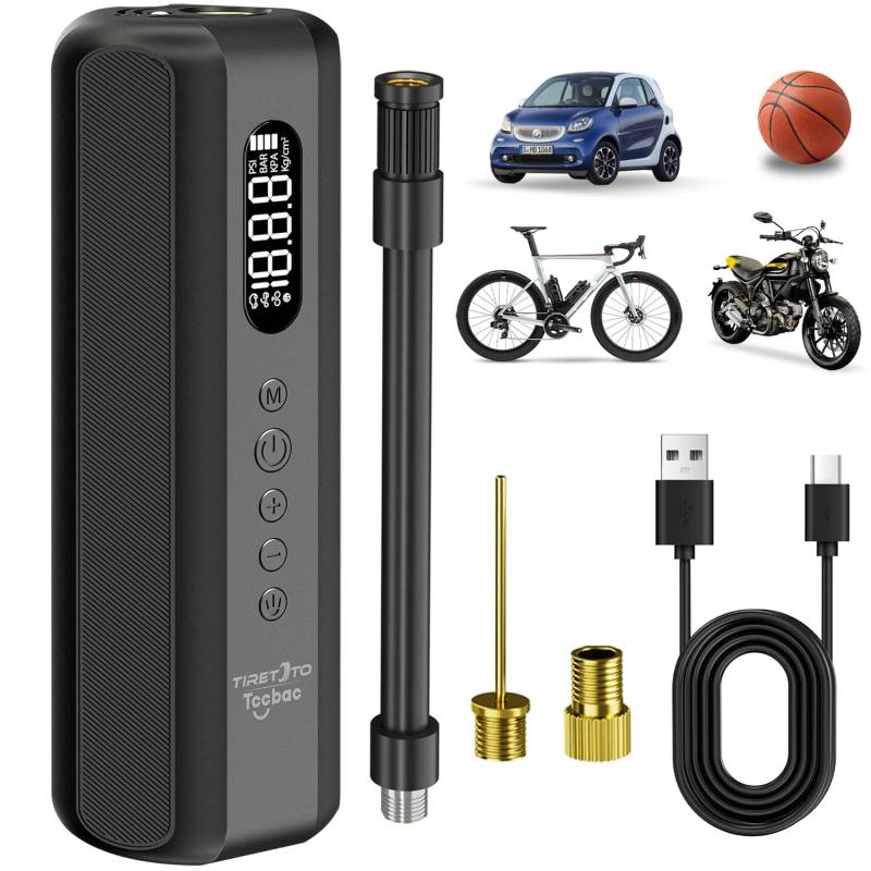 Tccbac Fahrradpumpe Elektrisch 5200mAh Elektrische Luftpumpe 10Bar Mini Akku Kompressor mit Manometer für Alle Fahrräder Motorräder und Autos von Tccbac
