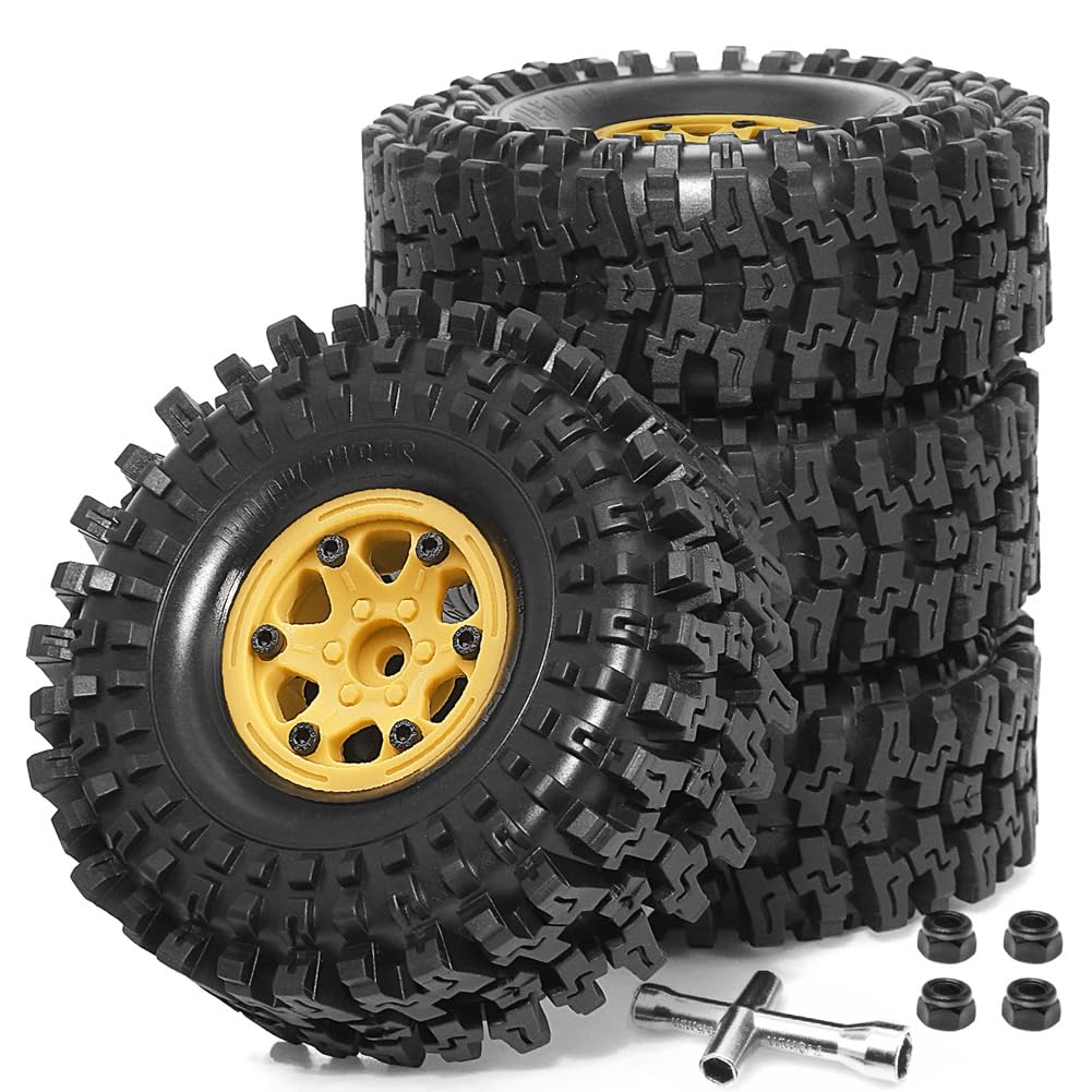Tdkjfoutr 4 Stück Kunststoff-Radnabe, 1,9 Gummifelsenreifen, Radreifen für 1:10 RC Crawler Car Axial SCX10 TRX4, Gelb von Tdkjfoutr