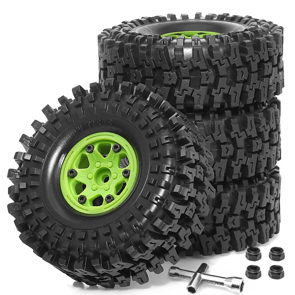 Tdkjfoutr 4 Stück Kunststoff-Radnabe, 1,9 Gummifelsenreifen, Radreifen für 1:10 RC Crawler Car Axial SCX10 TRX4, Grün von Tdkjfoutr