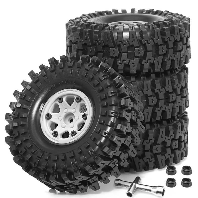 Tdkjfoutr 4 Stück Kunststoff-Radnabe, 1,9 Gummifelsenreifen, Radreifen für 1:10 RC Crawler Car Axial SCX10 TRX4, von Tdkjfoutr