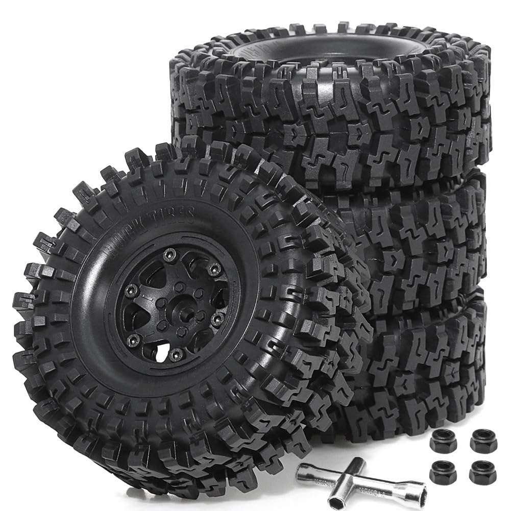 Tdkjfoutr 4 Stück Kunststoff-Radnabe 1,9 Gummifelsenreifen Radreifen für 1:10 RC Crawler Car Axial SCX10 TRX4, Schwarz von Tdkjfoutr