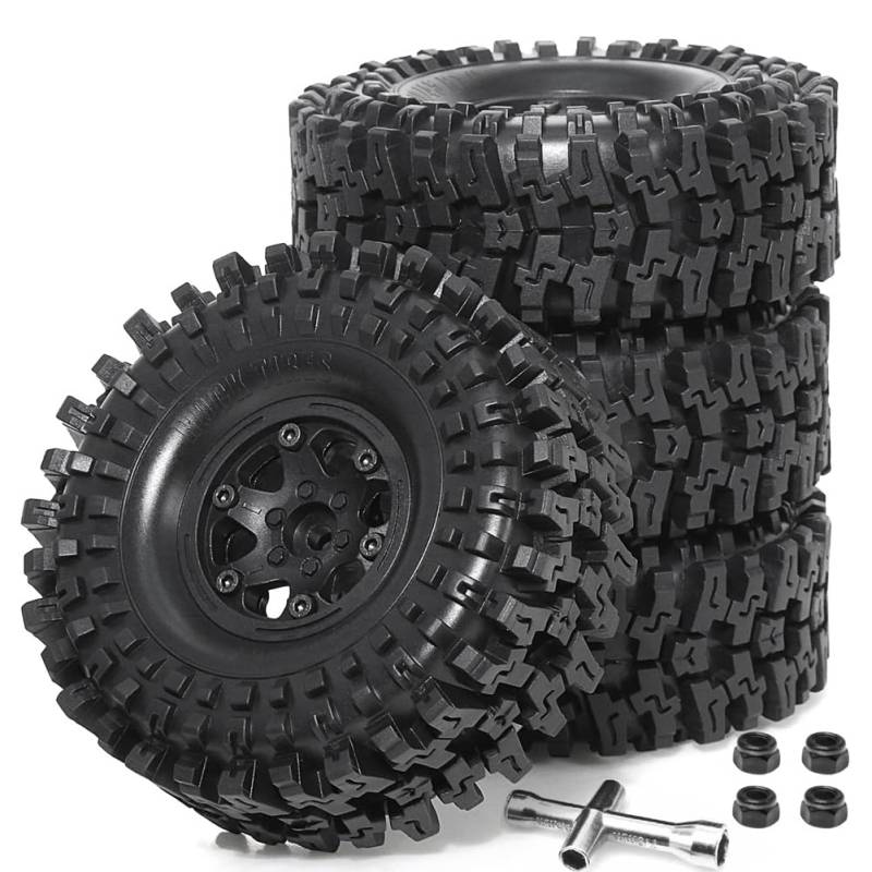 Tdkjfoutr 4 Stück Kunststoff-Radnabe 1,9 Gummifelsenreifen Radreifen für 1:10 RC Crawler Car Axial SCX10 TRX4, Schwarz von Tdkjfoutr