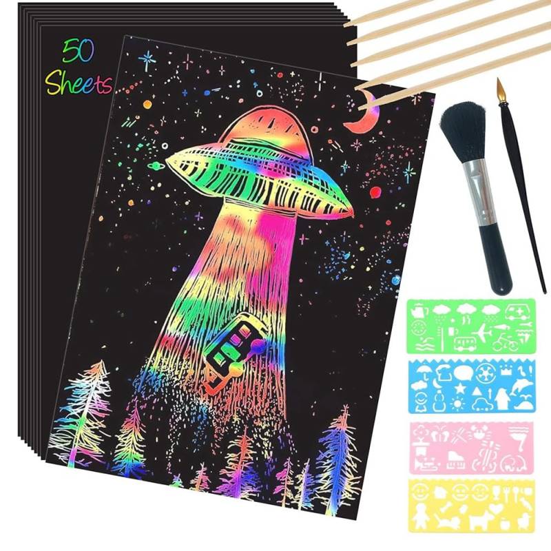 Tdkjfoutr Kratzpapier-Kunstset, Ersatzteile, 50 Blatt, 20,3 X 27,9 Cm, Regenbogenbeschichtetes Kratzbrett, Großes Kratzpapier mit Holzstiften und Schablonen von Tdkjfoutr