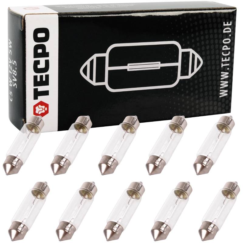 TECPO 10x Kennzeichenleuchten 38mm, 12V, 5W, CW5 Sockel, Soffitte für Innenraum- und Kennzeichenbeleuchtung, StVO-konform, robuste Qualität mit langlebiger Leistung, Kennzeichenbirnen, Innenraumbirnen von TECPO